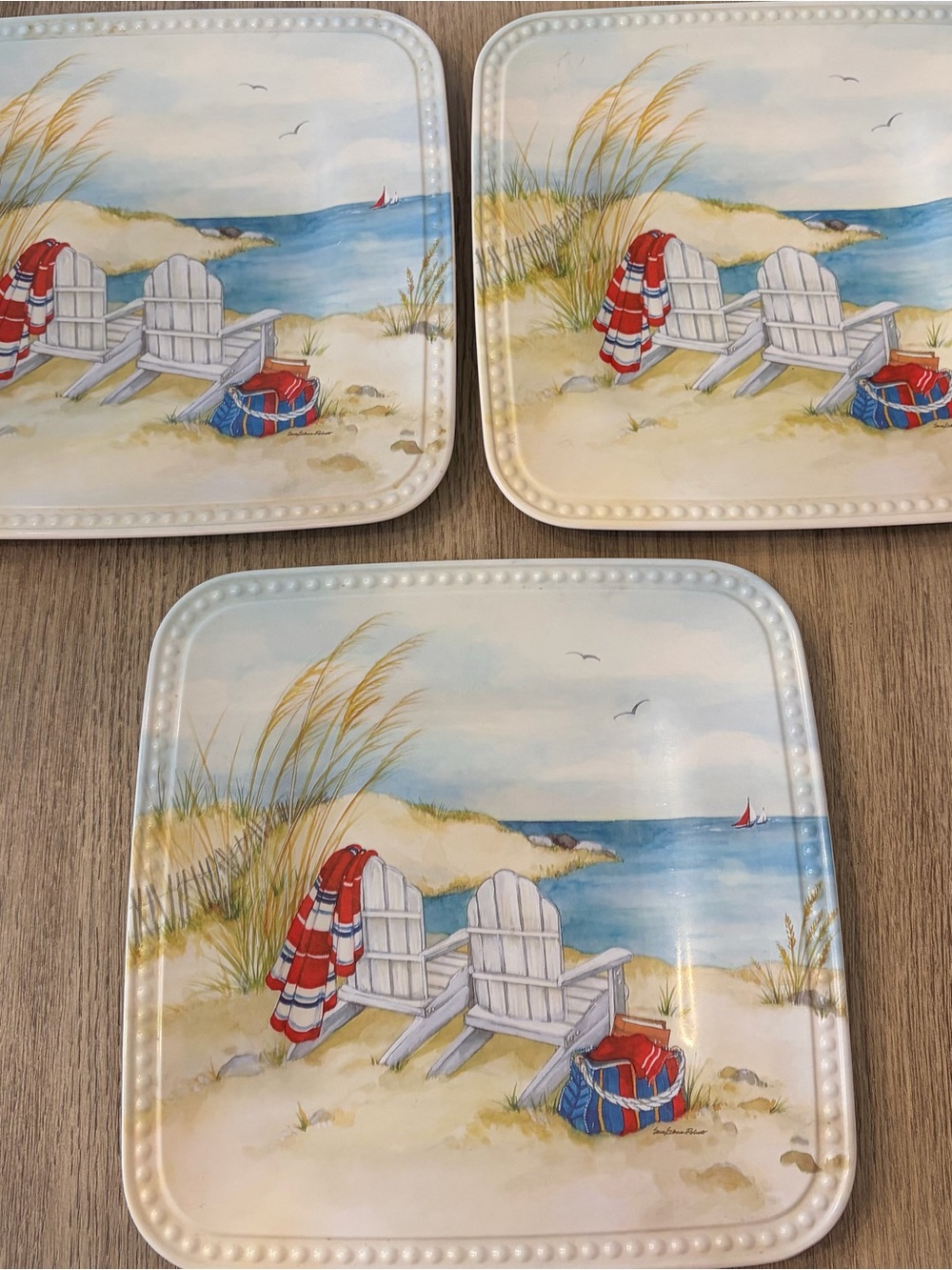 Keller Charles Melamine Coastal Ocean Beach Square Plates Set of 3 10.5”Good Co